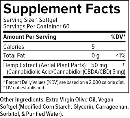 Supplemental Facts for CBD Softgels 5mg 60ct Raw Formula