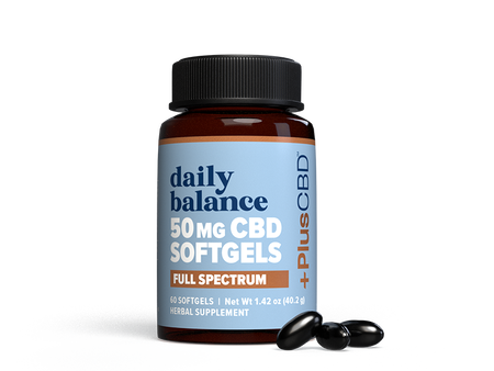 Bottle of PlusCBD Softgels containing 50 mg CBD per capsule, packaged in a 60-count container for daily balance