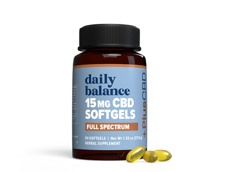 Bottle of PlusCBD Softgel Capsules with 15 mg CBD per capsule, offering daily balance in a 90-count package