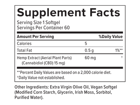 Supplemental Facts for CBD Softgels 15mg 60ct Extra Strength Formula