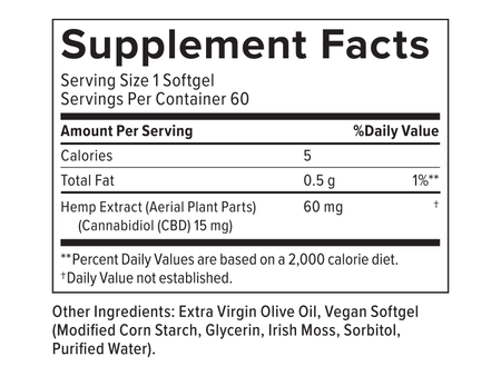 Supplemental Facts for CBD Softgels 15mg 60ct Extra Strength Formula