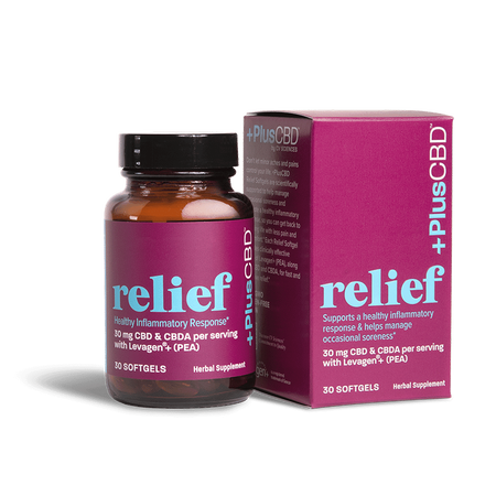 CBD Relief Softgels, 30ct, 15mg Bottle and Box